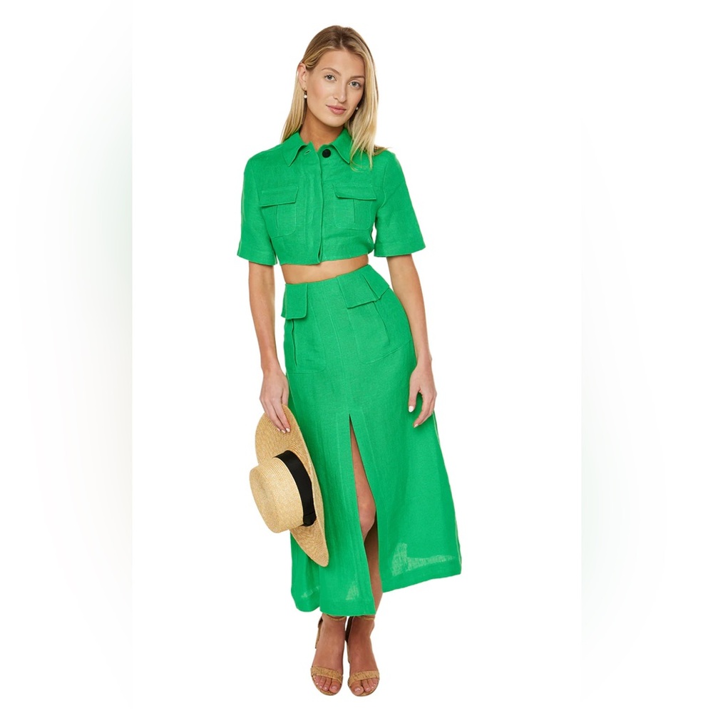 Green Two-Piece Maxi Skirt Set with Crop Button Top